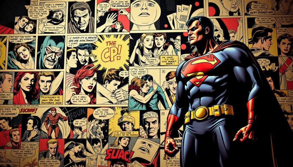 A vibrant tapestry of iconic comic book moments, captured in a dynamic collage. In the foreground, a heroic figure stands resolute, their costume and pose instantly recognizable. The middle ground features a diverse array of emotive panels, each conveying a pivotal narrative beat - a villain's menacing glare, a heartfelt embrace, a dramatic battle. The background is a mosaic of vintage comic book textures, halftone patterns, and retro color palettes, evoking the timeless essence of the medium. Dramatic lighting casts dramatic shadows, heightening the cinematic quality. The overall composition strikes a balance between bold, iconic imagery and a nostalgic, reverent treatment of the comic book art form. A vibrant tapestry of iconic comic book moments, captured in a dynamic collage. In the foreground, a heroic figure stands resolute, their costume and pose instantly recognizable. The middle ground features a diverse array of emotive panels, each conveying a pivotal narrative beat - a villain's menacing glare, a heartfelt embrace, a dramatic battle. The background is a mosaic of vintage comic book textures, halftone patterns, and retro color palettes, evoking the timeless essence of the medium. Dramatic lighting casts dramatic shadows, heightening the cinematic quality. The overall composition strikes a balance between bold, iconic imagery and a nostalgic, reverent treatment of the comic book art form.