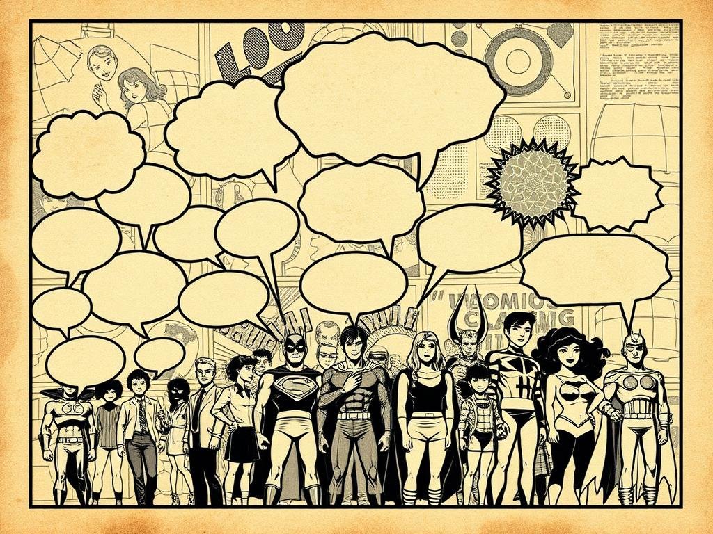 A vintage-inspired illustration showcasing the evolution of comic book speech bubbles. In the foreground, a timeline of diverse speech bubble shapes and styles, from rounded clouds to pointed captions, arranged in a dynamic, overlapping composition. The middle ground features a collection of iconic comic book characters, their expressions and poses conveying the narrative power of these linguistic devices. The background is a softly blurred collage of retro comic book panels, textures, and halftone patterns, creating a nostalgic, hand-drawn aesthetic. Warm, muted lighting with dramatic shadows and highlights accentuates the timeless quality of this historical exploration of the comic book medium. A vintage-inspired illustration showcasing the evolution of comic book speech bubbles. In the foreground, a timeline of diverse speech bubble shapes and styles, from rounded clouds to pointed captions, arranged in a dynamic, overlapping composition. The middle ground features a collection of iconic comic book characters, their expressions and poses conveying the narrative power of these linguistic devices. The background is a softly blurred collage of retro comic book panels, textures, and halftone patterns, creating a nostalgic, hand-drawn aesthetic. Warm, muted lighting with dramatic shadows and highlights accentuates the timeless quality of this historical exploration of the comic book medium.