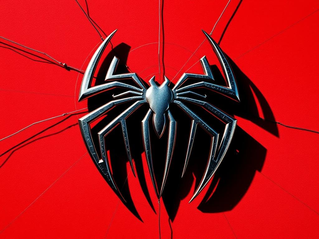 A visually striking evolution of the iconic Spider-Man logo, showcasing a dynamic sequence of stylized web patterns and arachnid-inspired motifs. The design elements seamlessly flow and morph, capturing the character's web-slinging prowess and dynamic motion. The foreground features the core Spider-Man insignia, rendered in intricate detail with a metallic sheen that catches the light. In the middle ground, abstract webbing unfurls, casting intricate shadows and creating a sense of depth. The background subtly shifts between shades of red and blue, evocative of the hero's classic costume colors, imbuing the image with a bold, superhero-inspired aesthetic. The overall composition conveys the Marvel character's design lineage, his adaptability, and the creative evolution of this timeless symbol. A visually striking evolution of the iconic Spider-Man logo, showcasing a dynamic sequence of stylized web patterns and arachnid-inspired motifs. The design elements seamlessly flow and morph, capturing the character's web-slinging prowess and dynamic motion. The foreground features the core Spider-Man insignia, rendered in intricate detail with a metallic sheen that catches the light. In the middle ground, abstract webbing unfurls, casting intricate shadows and creating a sense of depth. The background subtly shifts between shades of red and blue, evocative of the hero's classic costume colors, imbuing the image with a bold, superhero-inspired aesthetic. The overall composition conveys the Marvel character's design lineage, his adaptability, and the creative evolution of this timeless symbol.