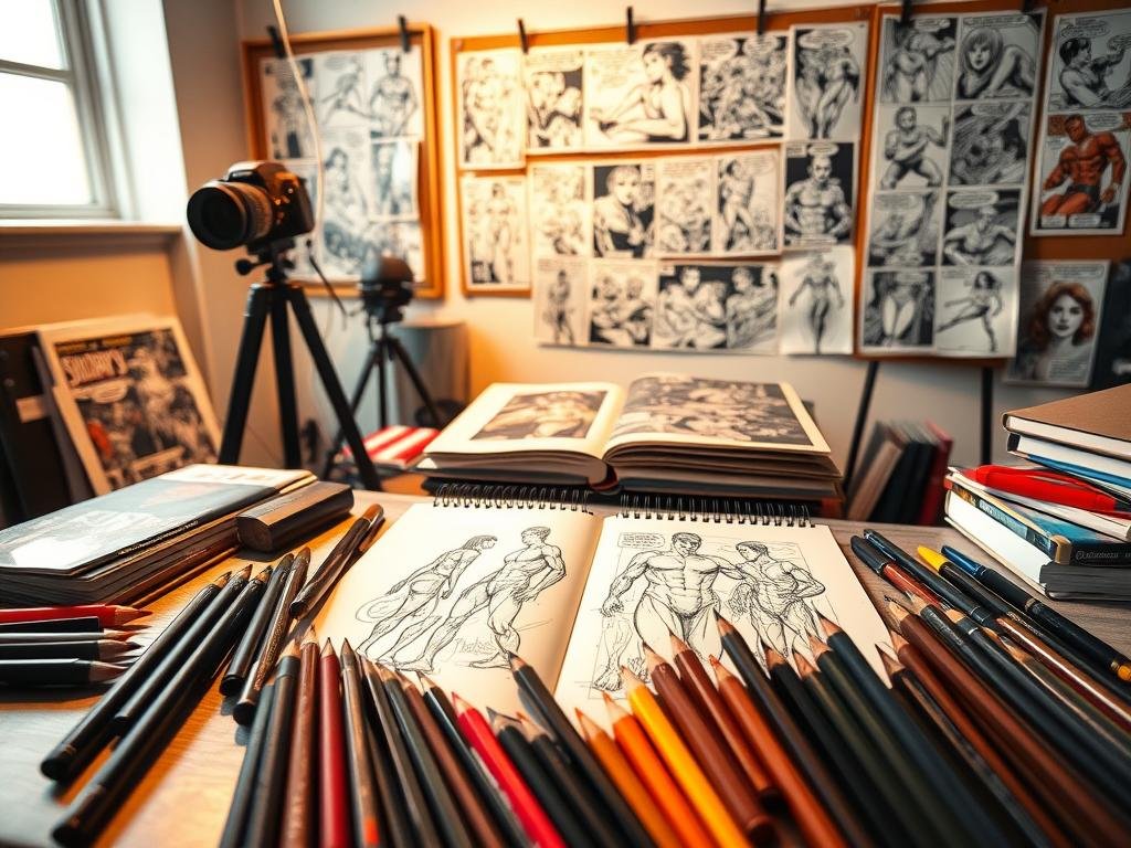 A well-lit studio scene showcasing an assortment of professional comic art reference tools and materials. In the foreground, an arrangement of precision drawing tools, including mechanical pencils, markers, and fine-tipped ink pens. In the middle ground, a sketchpad open to reveal character pose studies and dynamic action poses, alongside a selection of anatomy reference books. In the background, a display of finished comic book pages, a camera on a tripod, and a collection of photographic references pinned to a corkboard, bathed in warm, diffused lighting. The overall atmosphere conveys a workspace dedicated to the craft of sequential art, with a focus on the essential tools and resources used by skilled comic artists. A well-lit studio scene showcasing an assortment of professional comic art reference tools and materials. In the foreground, an arrangement of precision drawing tools, including mechanical pencils, markers, and fine-tipped ink pens. In the middle ground, a sketchpad open to reveal character pose studies and dynamic action poses, alongside a selection of anatomy reference books. In the background, a display of finished comic book pages, a camera on a tripod, and a collection of photographic references pinned to a corkboard, bathed in warm, diffused lighting. The overall atmosphere conveys a workspace dedicated to the craft of sequential art, with a focus on the essential tools and resources used by skilled comic artists.