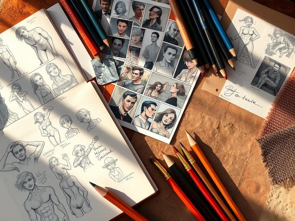 Detailed close-up of comic art reference materials, including a sketchbook with various pose studies, a collection of photo references showcasing different character expressions and body language, a selection of diverse art supplies like pencils, markers, and brushes, and a tactile moodboard with swatches of textured paper and fabric. Soft, natural lighting illuminates the scene, casting warm shadows and highlights that emphasize the textures. The overall composition has a structured, organized feel, mirroring the meticulous process of using reference material to create dynamic, authentic comic book illustrations. Detailed close-up of comic art reference materials, including a sketchbook with various pose studies, a collection of photo references showcasing different character expressions and body language, a selection of diverse art supplies like pencils, markers, and brushes, and a tactile moodboard with swatches of textured paper and fabric. Soft, natural lighting illuminates the scene, casting warm shadows and highlights that emphasize the textures. The overall composition has a structured, organized feel, mirroring the meticulous process of using reference material to create dynamic, authentic comic book illustrations.