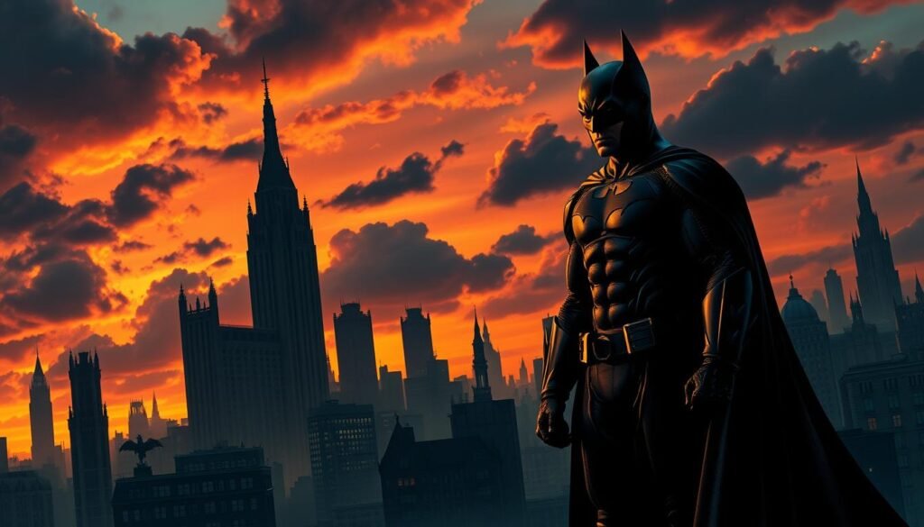 Dramatic twilight cityscape, Gotham City skyline at dusk. Towering gothic architecture, gargoyles, and billowing clouds. In the foreground, a lone figure in a sleek black suit and cape, silhouetted against the orange sky - the dark, vigilant presence of Batman. Cinematic lighting casts sharp shadows, emphasizing the muscular, brooding physicality of the character. The overall mood is intense, gritty, and hyper-realistic, conveying the grounded, intense tone of Christopher Nolan's acclaimed Dark Knight trilogy. Dramatic twilight cityscape, Gotham City skyline at dusk. Towering gothic architecture, gargoyles, and billowing clouds. In the foreground, a lone figure in a sleek black suit and cape, silhouetted against the orange sky - the dark, vigilant presence of Batman. Cinematic lighting casts sharp shadows, emphasizing the muscular, brooding physicality of the character. The overall mood is intense, gritty, and hyper-realistic, conveying the grounded, intense tone of Christopher Nolan's acclaimed Dark Knight trilogy.