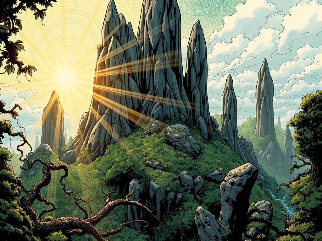 Krakoa, the living mutant homeland, emerges from the earth in a breathtaking formation. Jagged, crystalline structures rise amidst swirling energy, harnessing the power of the island's sentient lifeforce. In the foreground, vines and mosses intertwine, connecting Krakoa to its lush, primordial environment. Rays of warm, golden light pierce through the canopy, casting a reverent glow over the scene. The middle ground features towering, angular peaks that seem to grow organically from the ground, a testament to Krakoa's symbiotic relationship with its mutant inhabitants. In the distance, the horizon is obscured by billowing clouds, lending an air of mystery and grandeur to the mutant homeland's revolutionary formation. Krakoa, the living mutant homeland, emerges from the earth in a breathtaking formation. Jagged, crystalline structures rise amidst swirling energy, harnessing the power of the island's sentient lifeforce. In the foreground, vines and mosses intertwine, connecting Krakoa to its lush, primordial environment. Rays of warm, golden light pierce through the canopy, casting a reverent glow over the scene. The middle ground features towering, angular peaks that seem to grow organically from the ground, a testament to Krakoa's symbiotic relationship with its mutant inhabitants. In the distance, the horizon is obscured by billowing clouds, lending an air of mystery and grandeur to the mutant homeland's revolutionary formation.