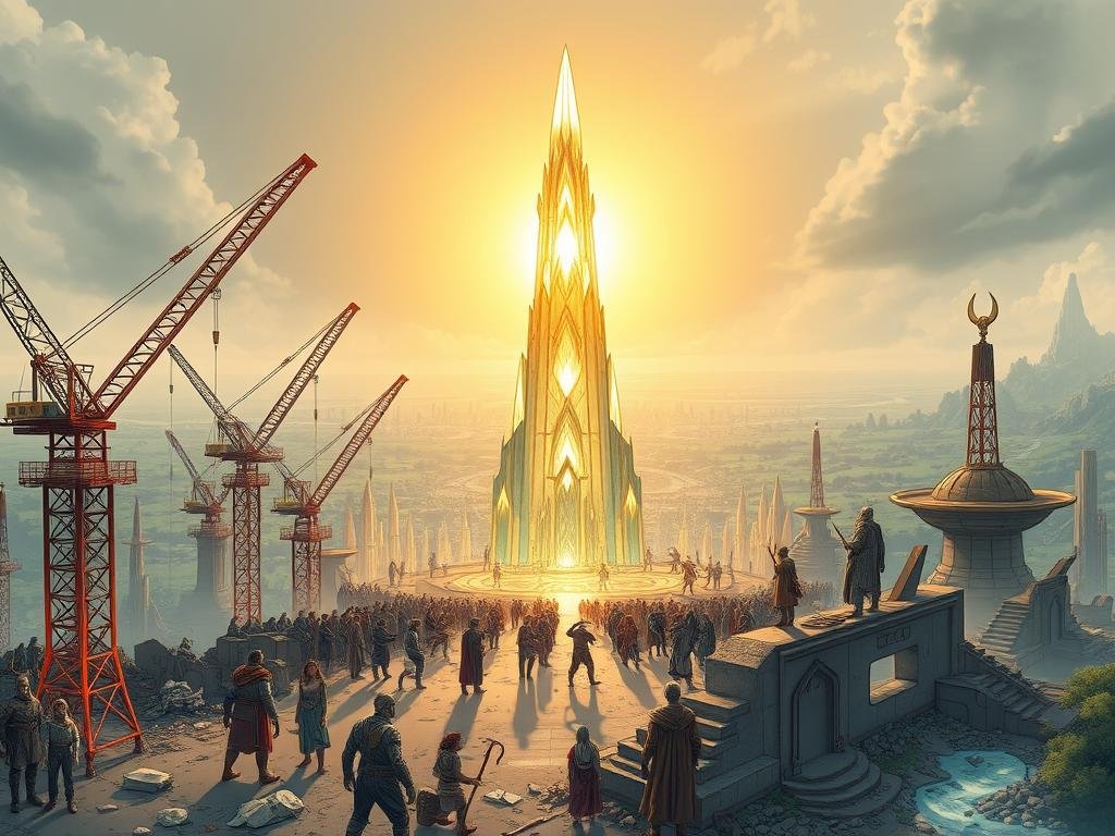 Prompt A grand scene of rebuilding the Ten Realms, with Asgardian architects and Midgardian engineers collaborating to erect majestic structures. In the foreground, cranes and scaffolding support the construction of a gleaming new spire, its crystalline facade reflecting the rays of a warm, golden sun. In the middle ground, diverse beings from the realms work together, sharing tools and plans. In the background, the ruined remnants of Malekith's invasion give way to lush greenery and flowing rivers, signifying the resurgence of life. Diffused lighting casts a hopeful, harmonious atmosphere, conveying the shared determination to restore the once-fractured alliance between the realms. Prompt A grand scene of rebuilding the Ten Realms, with Asgardian architects and Midgardian engineers collaborating to erect majestic structures. In the foreground, cranes and scaffolding support the construction of a gleaming new spire, its crystalline facade reflecting the rays of a warm, golden sun. In the middle ground, diverse beings from the realms work together, sharing tools and plans. In the background, the ruined remnants of Malekith's invasion give way to lush greenery and flowing rivers, signifying the resurgence of life. Diffused lighting casts a hopeful, harmonious atmosphere, conveying the shared determination to restore the once-fractured alliance between the realms.