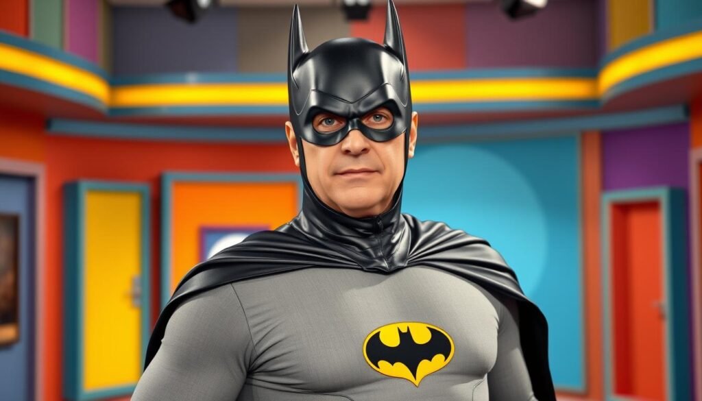 a middle-aged man with a distinctive square jaw, piercing blue eyes, and a confident, charismatic expression, dressed in the iconic Batman costume from the 1960s television series, including a fitted gray-and-black bodysuit, a yellow utility belt, and a black cowl with iconic pointed ears, standing in a brightly lit, colorful studio set with bold, geometric patterns and vibrant, primary-colored backdrops, creating a vibrant, nostalgic, and playful atmosphere that captures the campy, lighthearted spirit of the 1960s Batman era Batman Adaptations Decades Compared