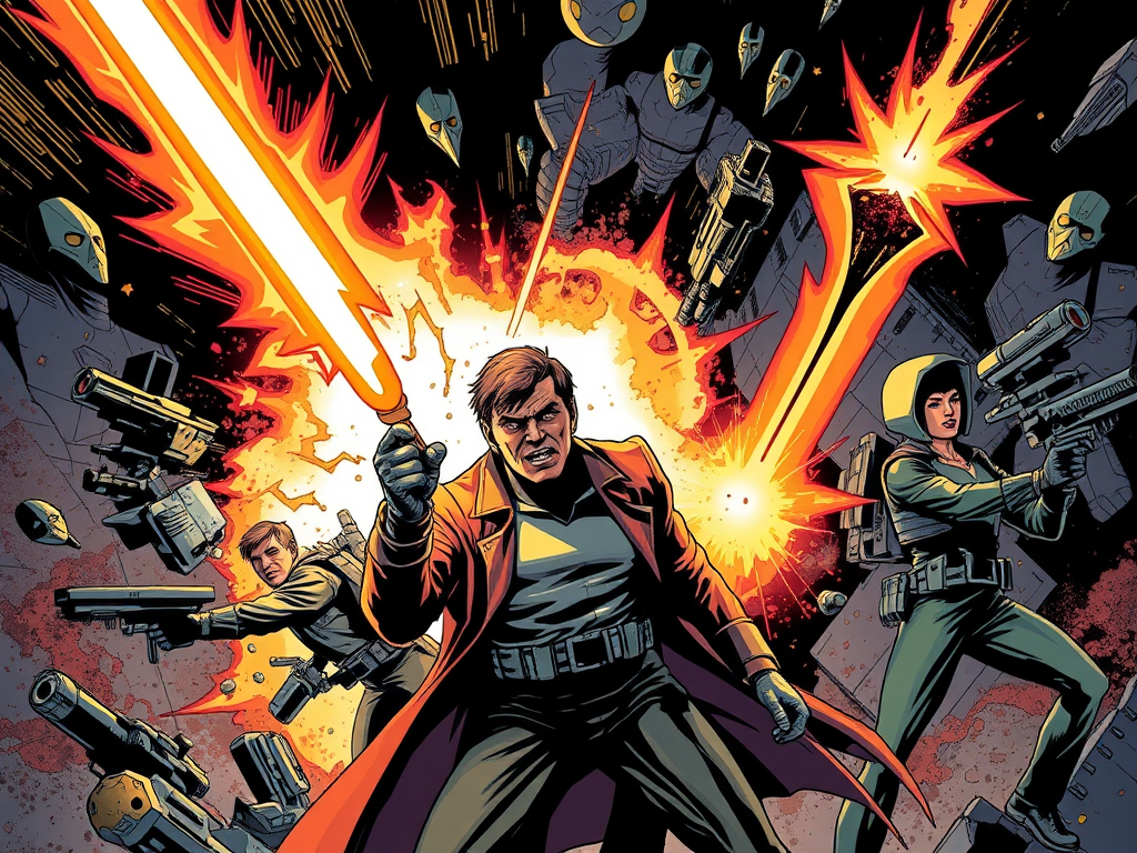 An explosive comic book scene featuring a heroic figure wielding an energy sword, surrounded by chaos and futuristic weaponry, with other characters engaging in combat in the background.