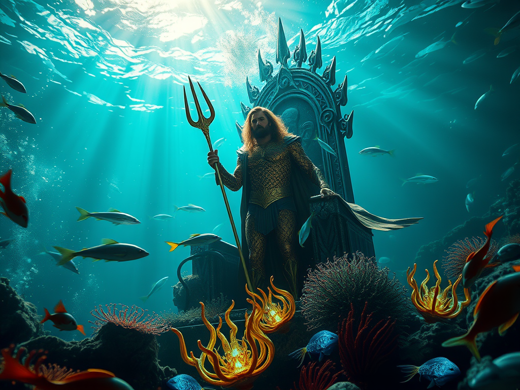 Aquaman stands majestically in an underwater scene, holding a trident, surrounded by colorful marine life and coral formations, with an ornate throne visible in the background.