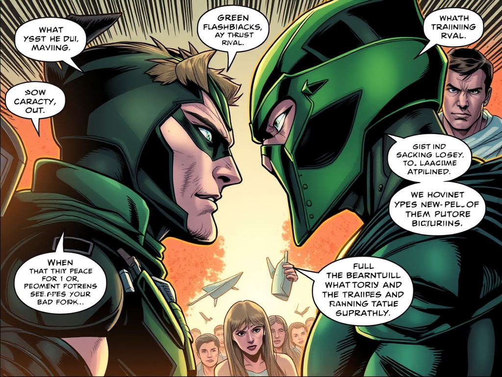 A tense face-off between Green Arrow and his rival, with intense expressions highlighting their conflict, surrounded by an intrigued crowd witnessing the confrontation.