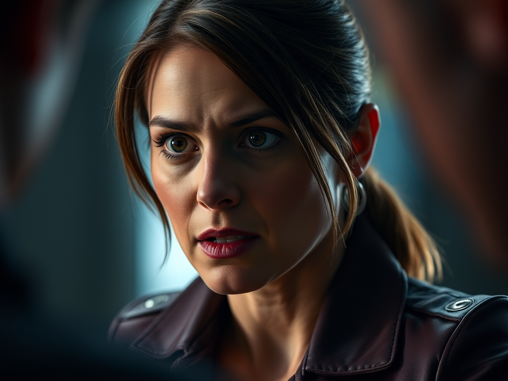 A close-up of a woman with an intense expression, wearing a dark leather jacket, with her hair pulled back and focused gaze, suggesting a moment of confrontation or tension.