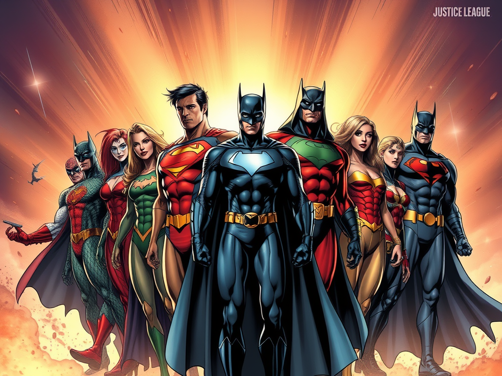 A group of Justice League superheroes standing together in heroic poses, featuring characters in their iconic costumes against a radiant, colorful background.