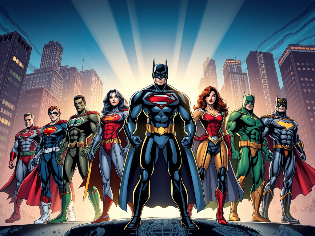 A group of superheroes from the Justice League, including Superman, Batman, Wonder Woman, and Green Lantern, standing heroically in front of a city skyline.