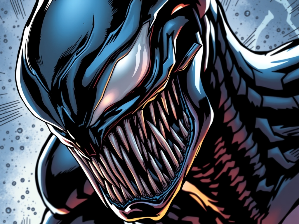 Close-up of the Venom symbiote, showcasing its menacing face with sharp teeth and dark, glossy skin.