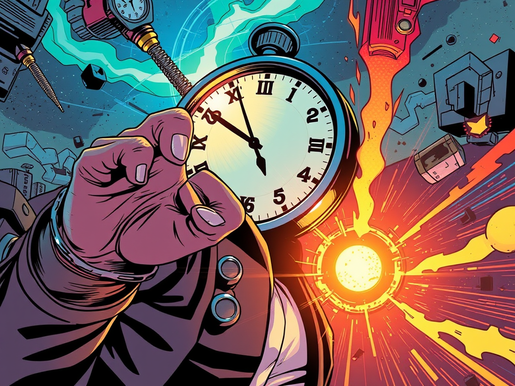 An illustration depicting a hand reaching towards a clock in a vibrant cosmic setting, symbolizing time travel and adventure.