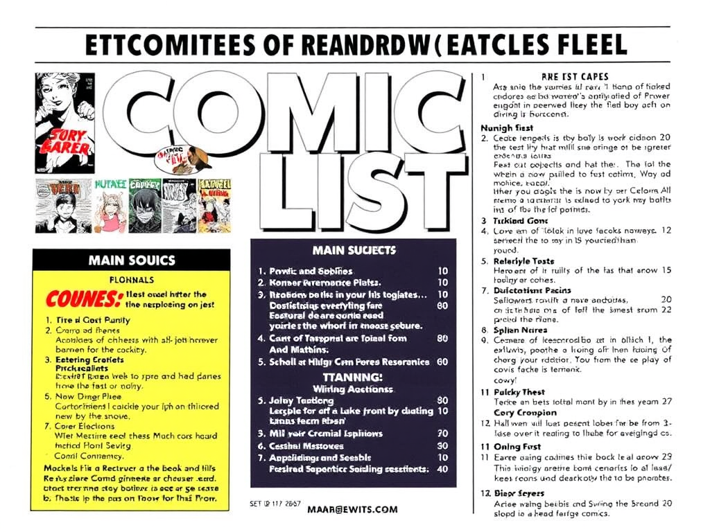 A colorful comic list showcasing various titles and subjects, presented in a stylized layout with illustrations and playful typography.