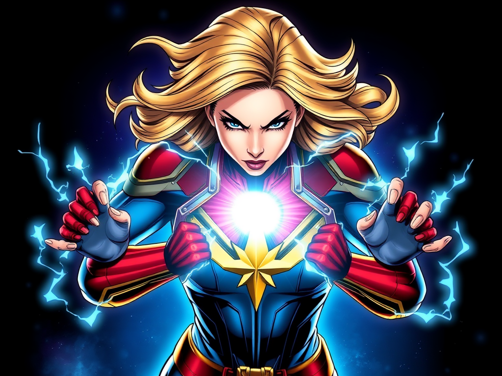 An illustration of Captain Marvel, featuring her iconic costume with the star emblem, as she channels energy with a glowing core and electrical arcs around her. Her expression is determined, showcasing her strength and power.