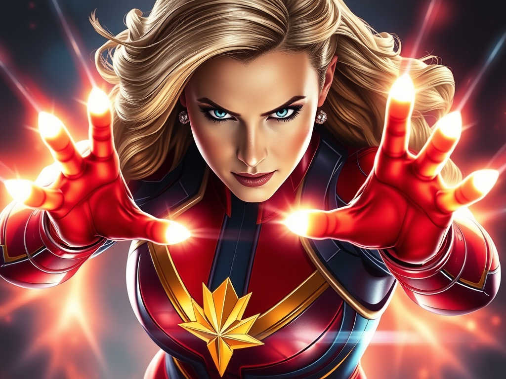 A powerful superhero with glowing hands, portraying Captain Marvel, is using her energy absorption ability. The character has a focused expression, showcasing strength and confidence while surrounded by vibrant energy effects.