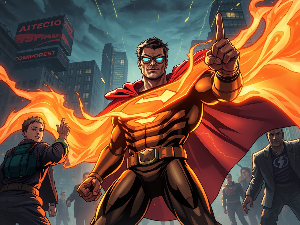 An illustration of a superhero with flames emanating from his hands, wearing goggles and a cape, confidently pointing, while a young boy in the background indicates to him. Other figures from a cityscape are visible, reacting to the scene.