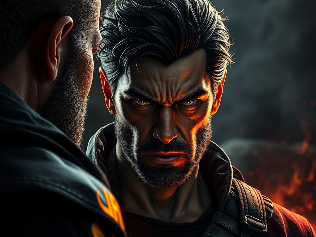 Close-up of a man with intense facial features, showcasing strong emotions with a focus on his piercing eyes and defined jawline, surrounded by a smoky background that hints at a fiery ambiance.