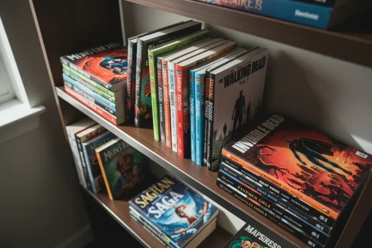Diversas must read Image Comics series em uma estante.
