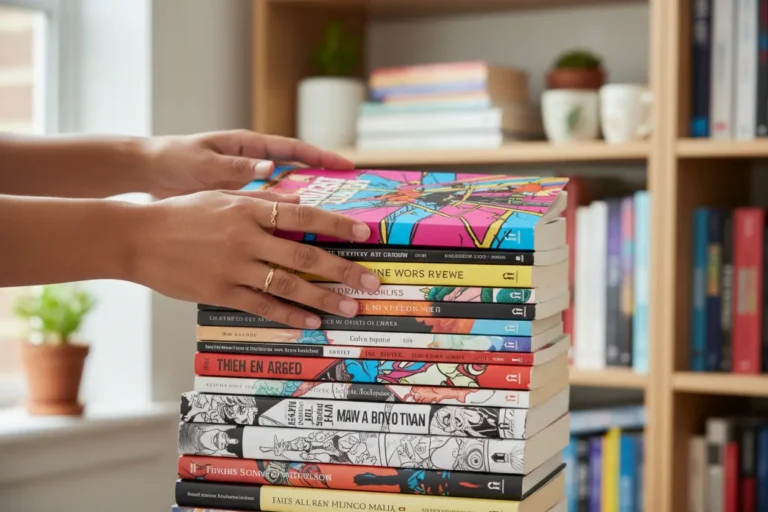 Hands selecting a graphic novel from a stack, perfect for beginners.