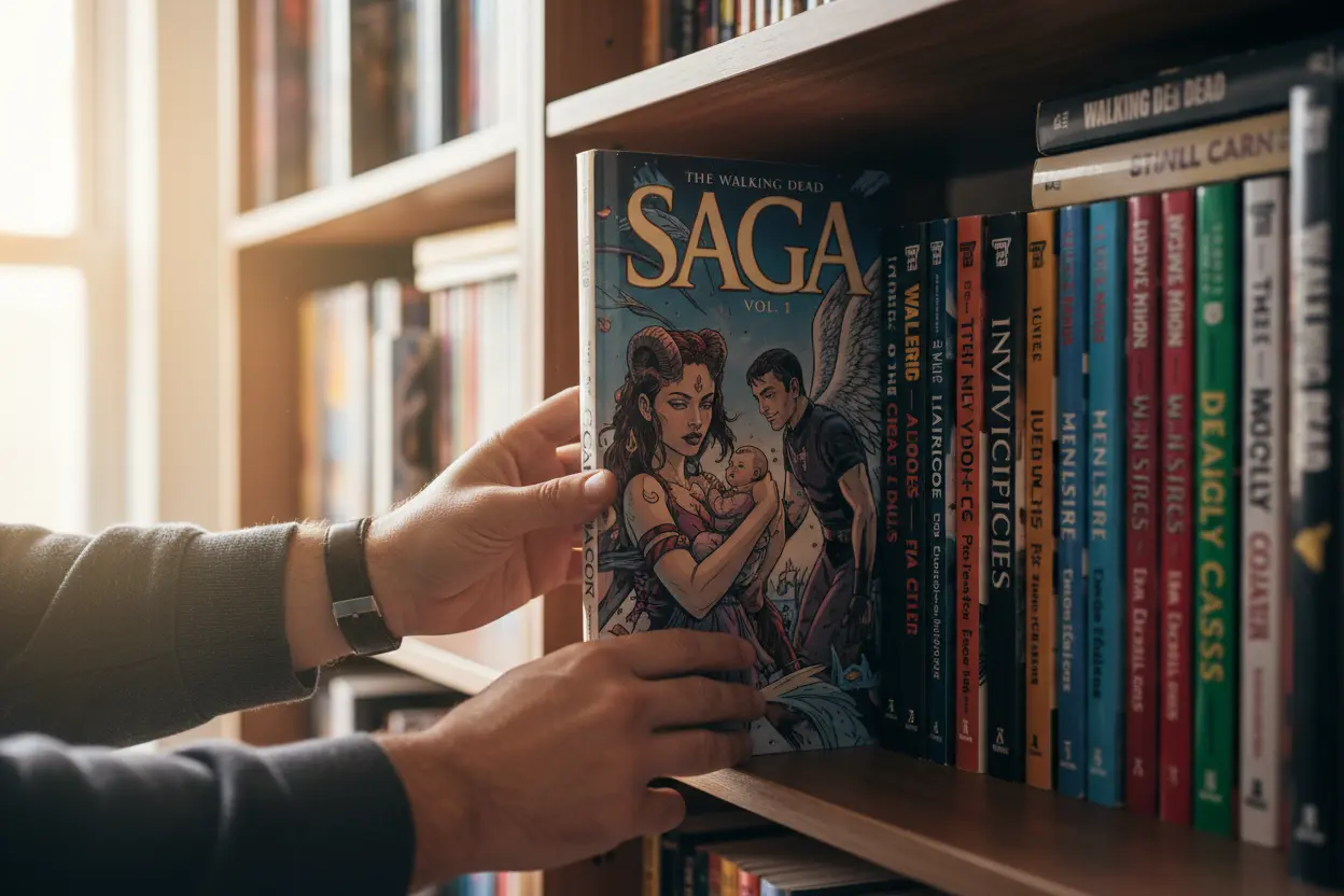 Escolhendo Sua Próxima Leitura Image Hands selecting an Image Comics comic book.