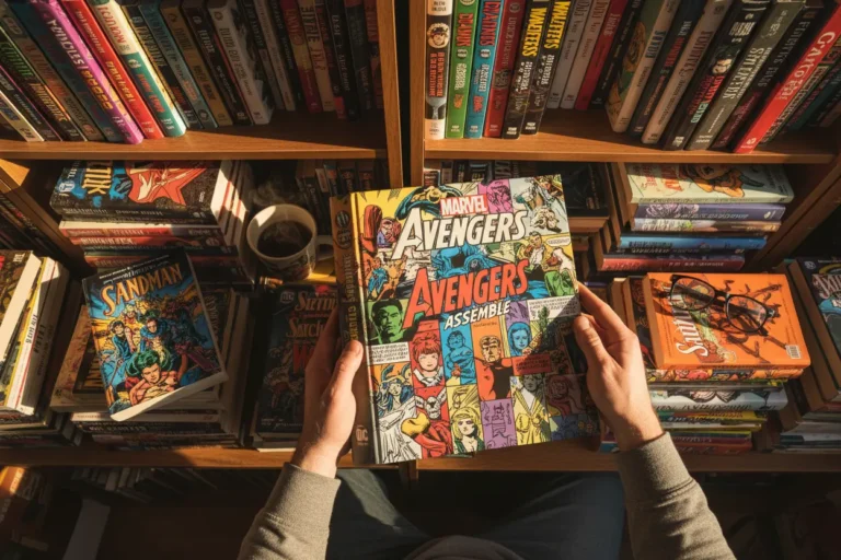 Mãos segurando um Marvel Omnibus em uma estante de quadrinhos