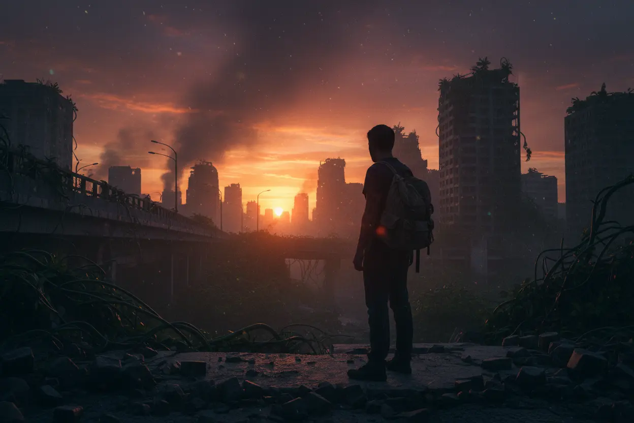 Sobrevivência no Apocalipse Zumbi A lone person in a desolate city, evoking The Walking Dead.