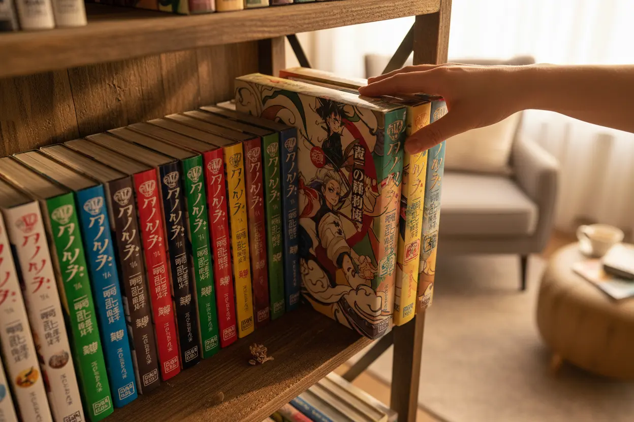 Stacked manga box sets on a shelf, ready for reading.