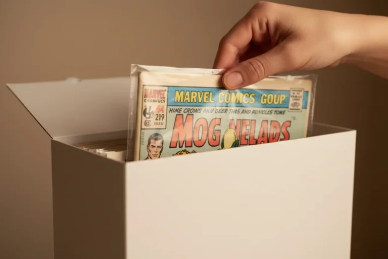 Hand placing a comic book into an archival storage box.