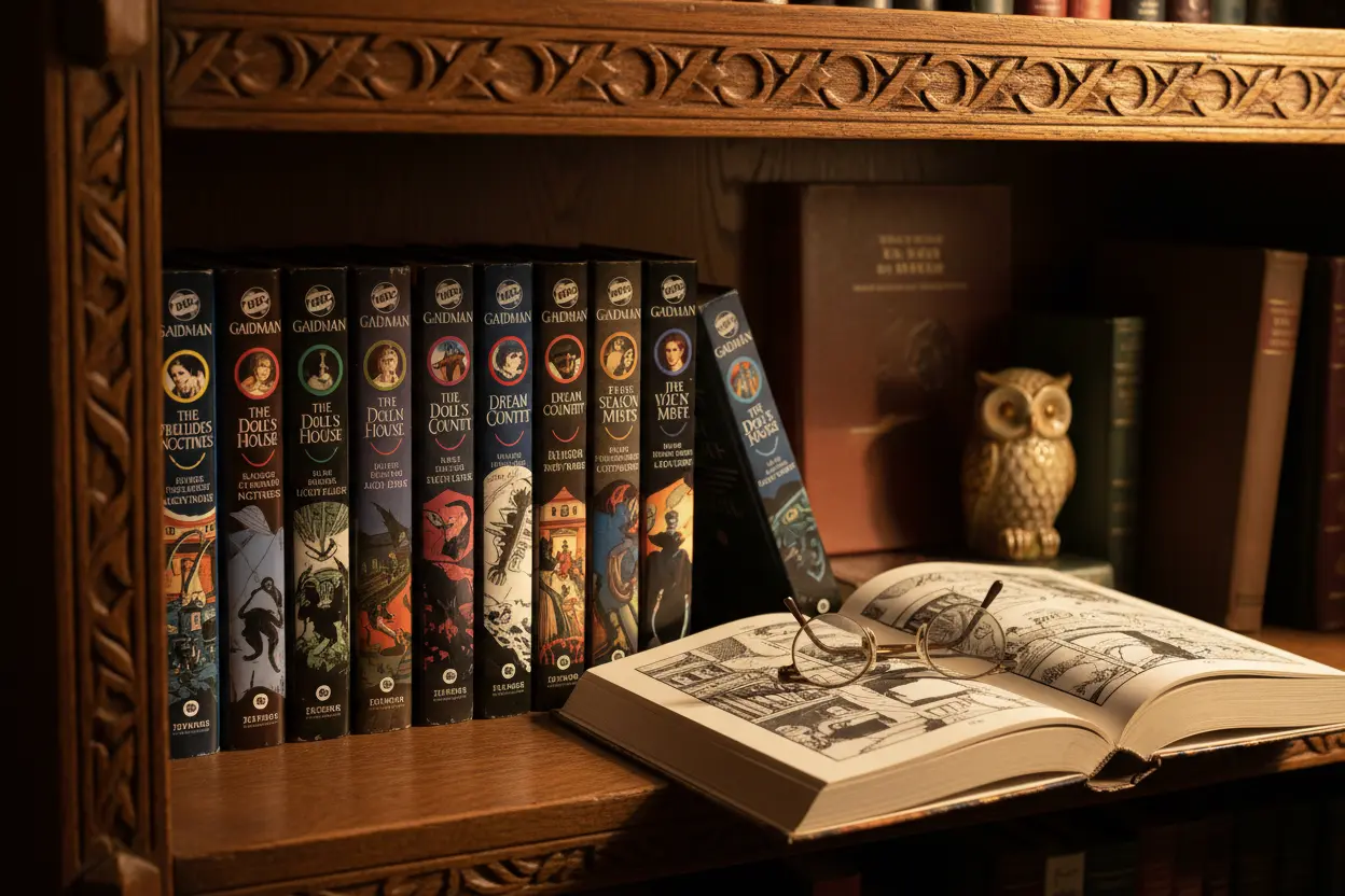 Essential Sandman Comic Order Sandman graphic novels organized on a shelf, showing the Sandman Neil Gaiman reading order.