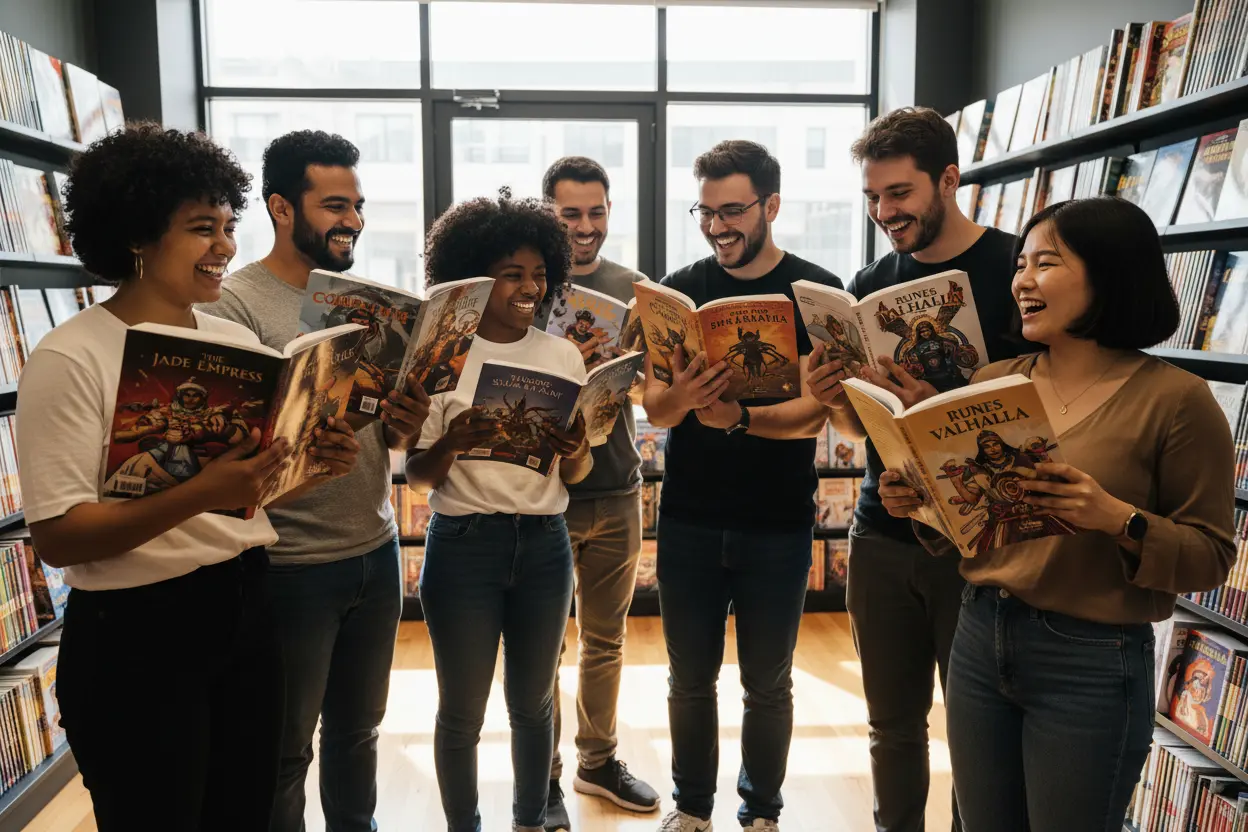 Exploring Diverse Fantasy Comics Diverse group of friends discussing fantasy graphic novels in a comic store.