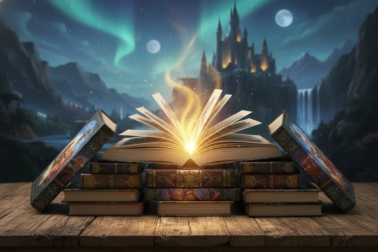 Stack of top fantasy graphic novels 2026 on a table with magical light.