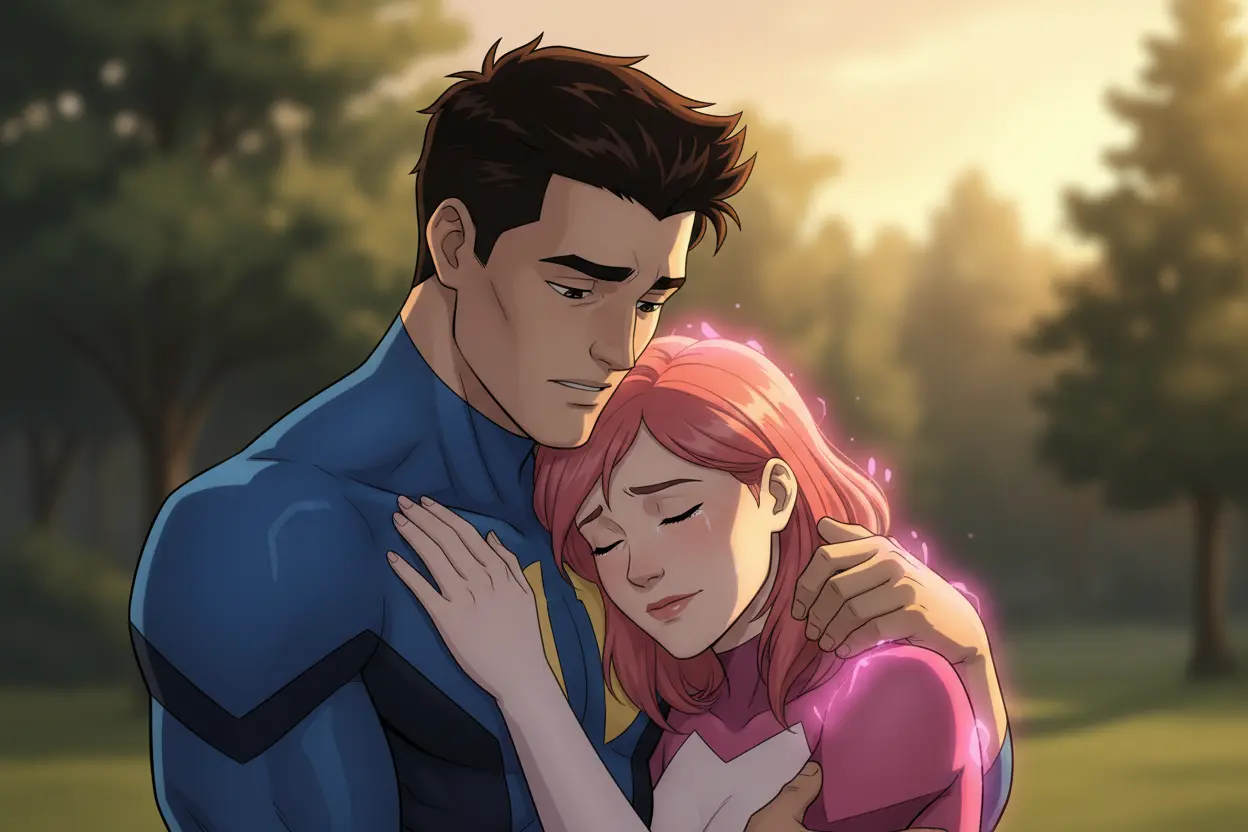 Invincible and Atom Eve sharing a quiet moment