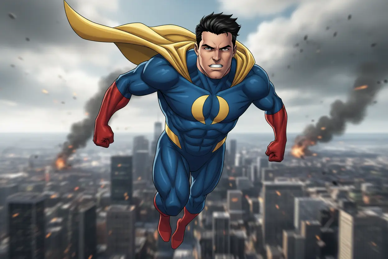 Invincible hero flying over a city