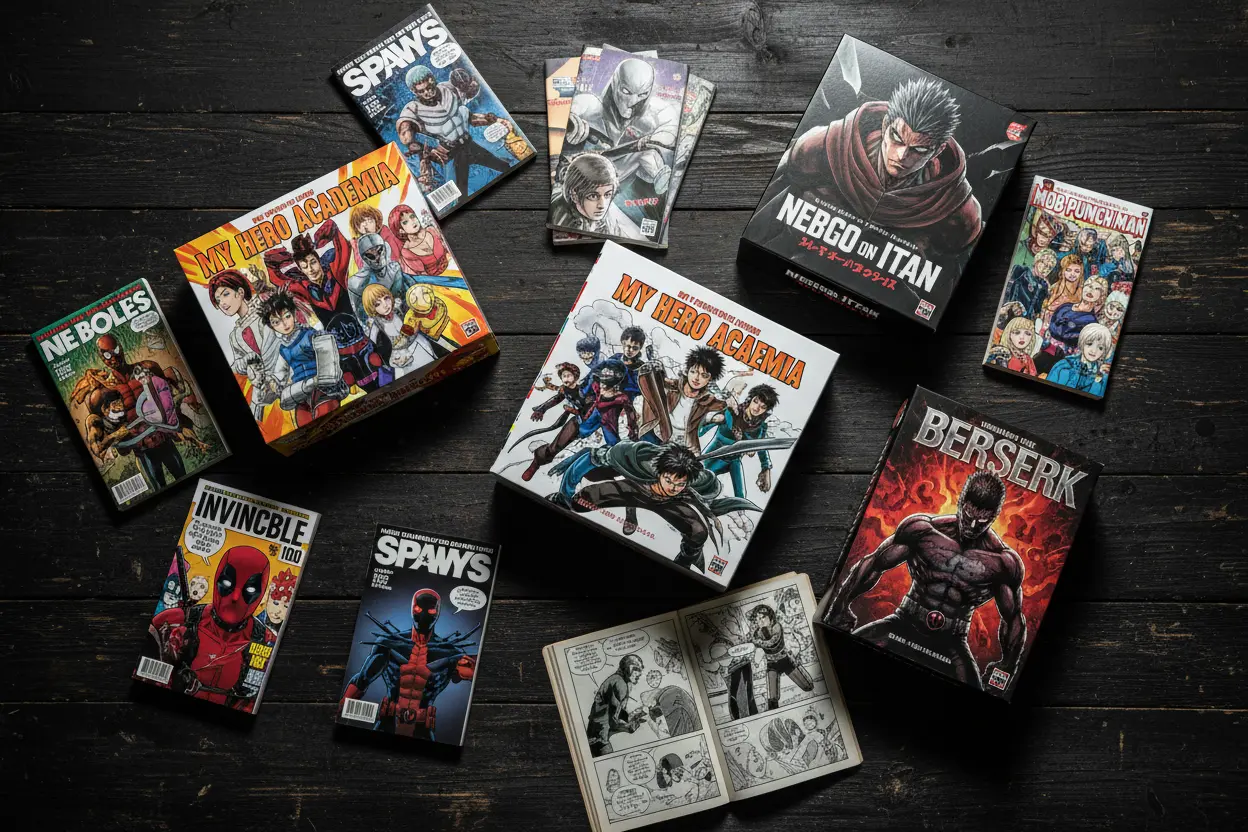 Manga box sets with superhero and villain themes.