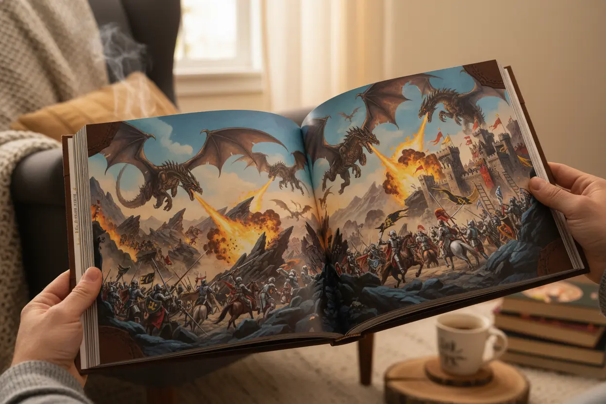 Reading a Top Fantasy Graphic Novel Hands holding an open fantasy graphic novel with a dragon battle.
