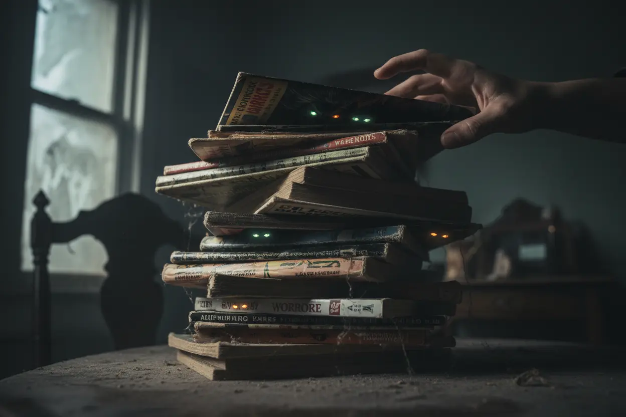 A stack of scary horror comics with glowing eyes