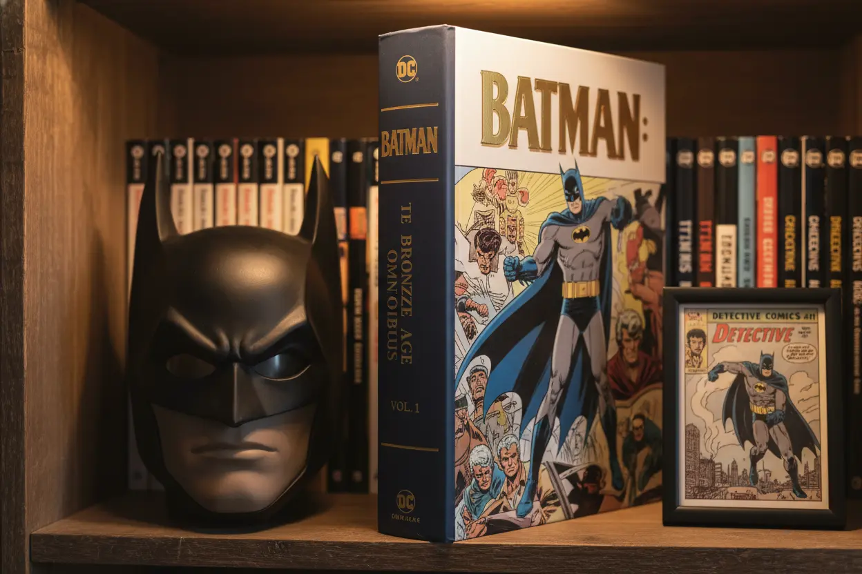 Batman Bronze Age Omnibus on a shelf with Batman memorabilia