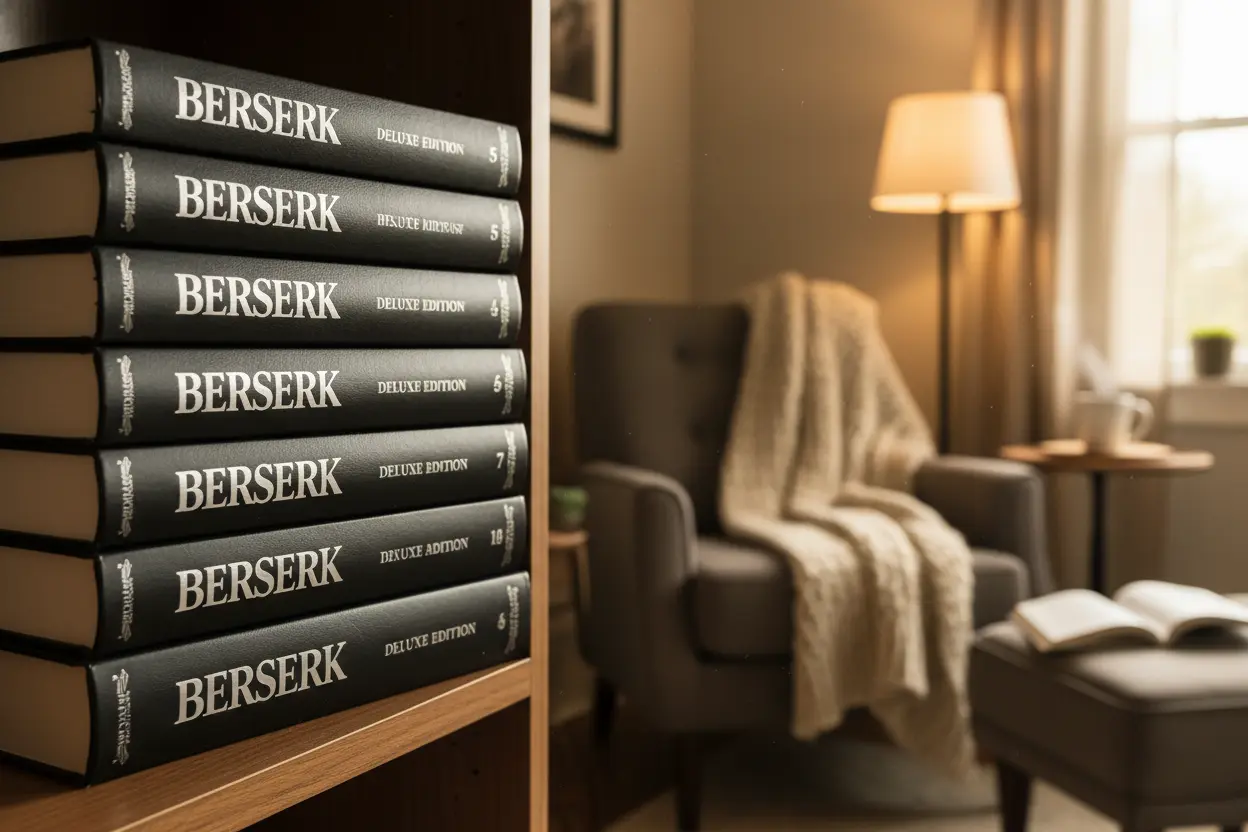 Stack of Berserk Deluxe Edition books on a shelf