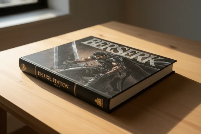 Berserk Deluxe Edition Vol. 1 book cover on a wooden table