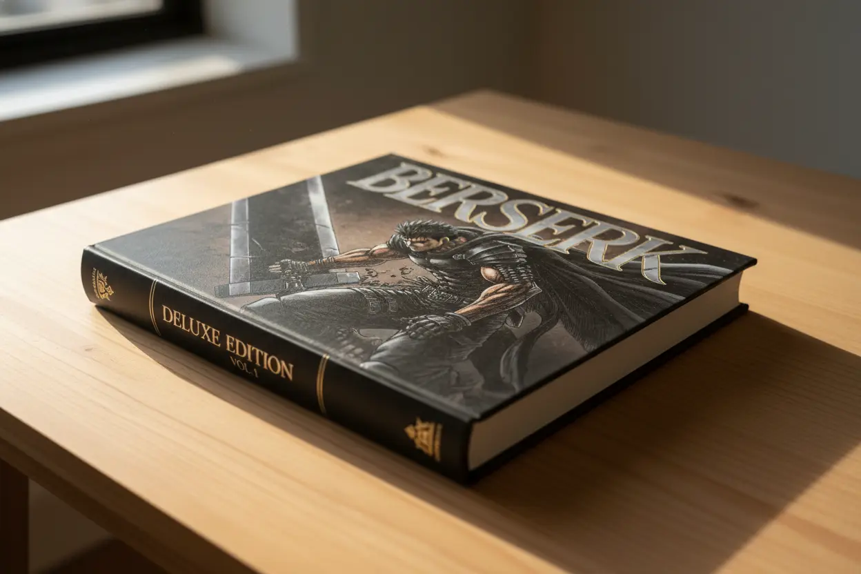 Berserk Deluxe Edition Vol. 1 book cover on a wooden table