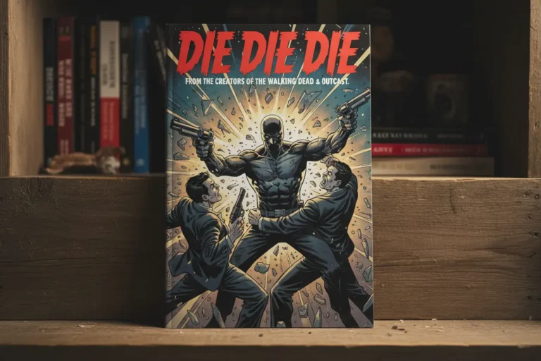 Close-up of Die Die Die comic book cover on a shelf.