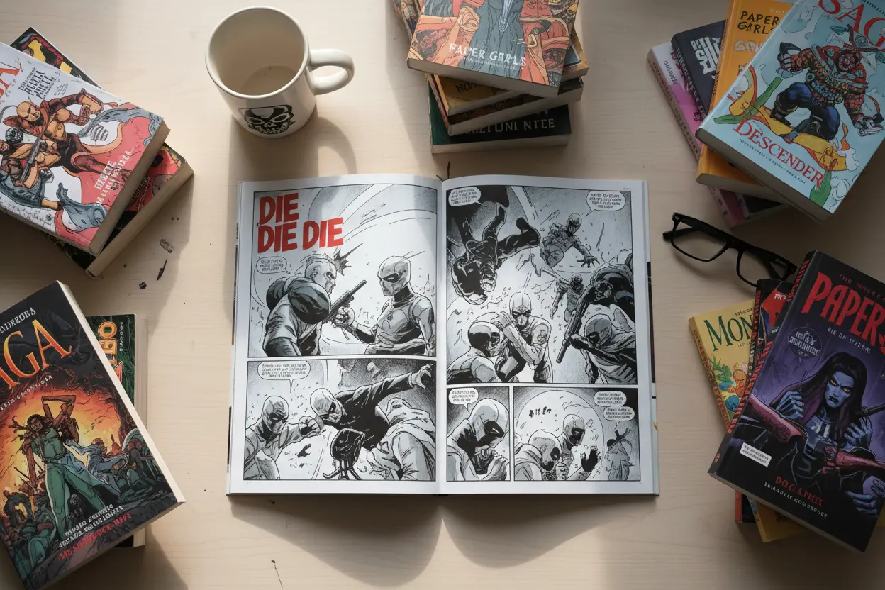 Flat lay of Die Die Die comic book open to an artwork page.