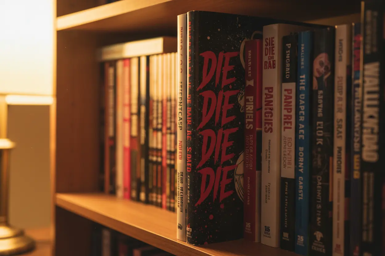 Die Die Die comic book spine on a full bookshelf.