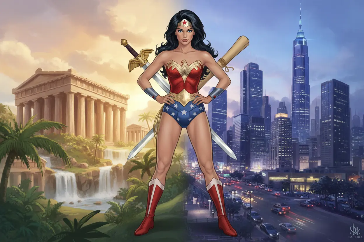 Wonder Woman holding a scroll and sword, symbolizing diplomacy and warrior spirit.