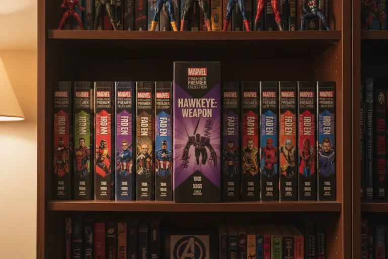 Hawkeye: Weapon Marvel Premier Collection spine on a bookshelf