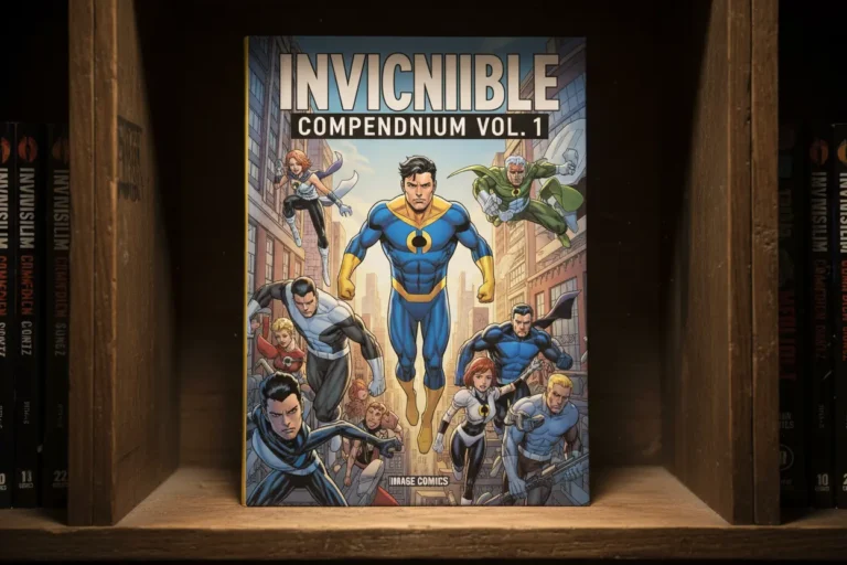 Invincible Compendium Vol. 1 comic book cover on a shelf