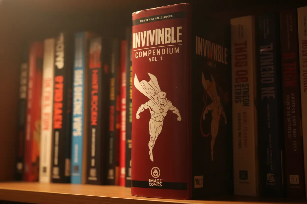Invincible Compendium Vol. 1 comic book spine on a bookshelf