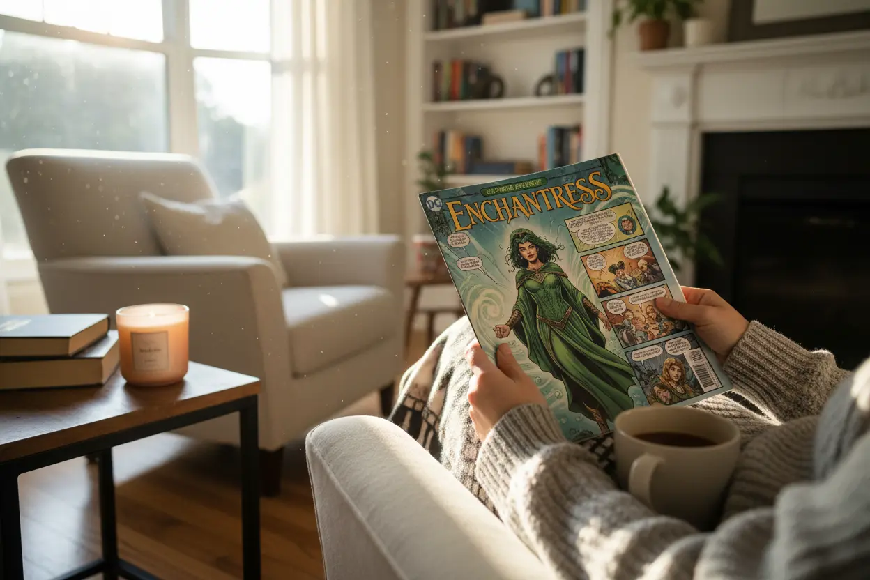 Fan reading Enchantress comic book