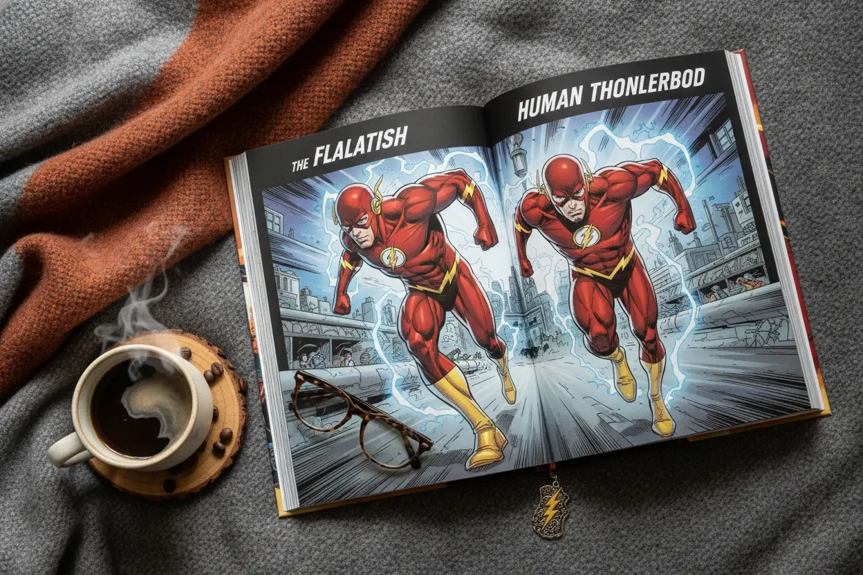 Flat lay of The Flash Human Thunderbolt comic book open to an artwork page